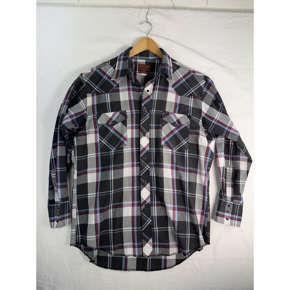 Rustler Shirt‎ Mens 16.5 X-Long Tails Black Gray Plaid Western Pearl Snap Cowboy